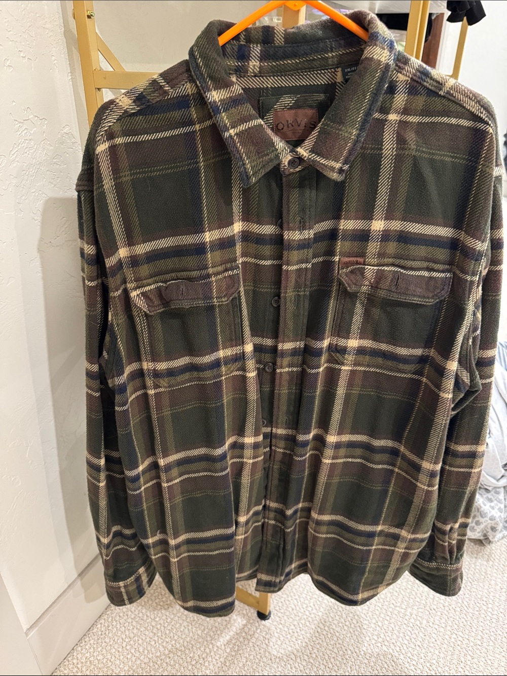 Orvis Olive Green Plaid flannel Button-Up Shirt